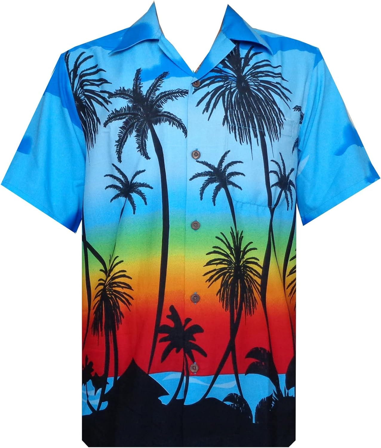 Dark Blue Hawaiian Shirt for Men: Scenic Beach & Coconut Tree Print, Casual Camp Cruise Vacation