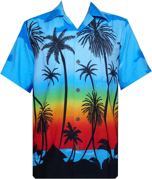 Dark Blue Hawaiian Shirt for Men: Scenic Beach & Coconut Tree Print, Casual Camp Cruise Vacation