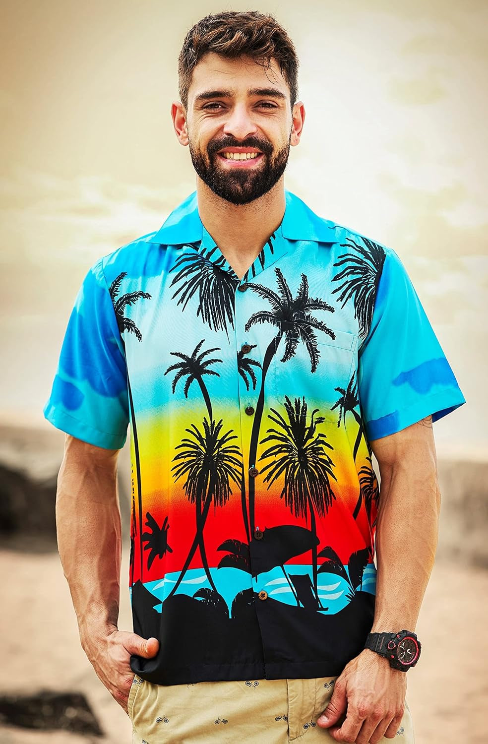 Dark Blue Hawaiian Shirt for Men: Scenic Beach & Coconut Tree Print, Casual Camp Cruise Vacation