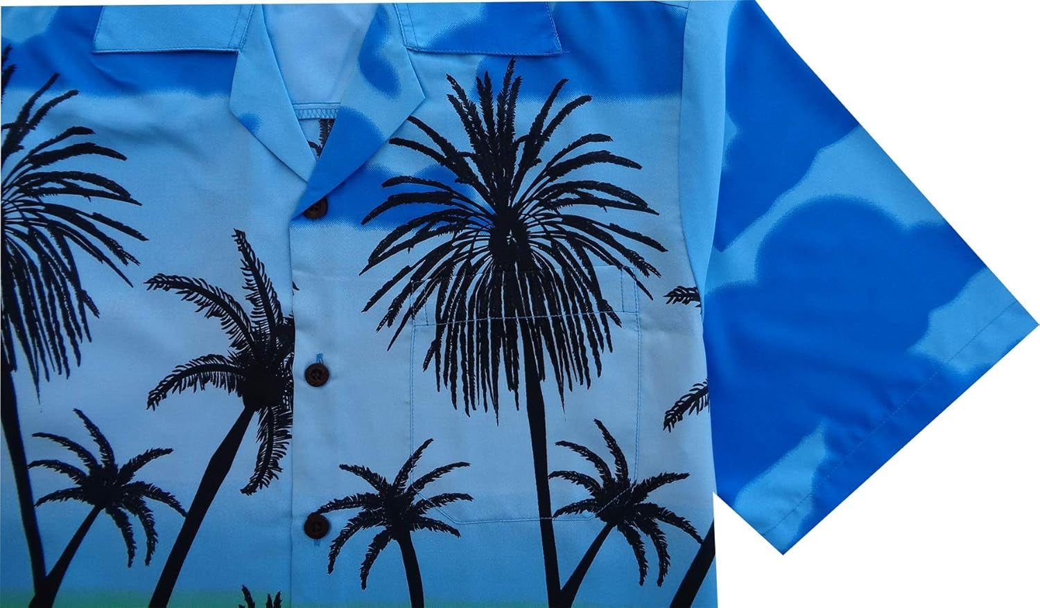 Dark Blue Hawaiian Shirt for Men: Scenic Beach & Coconut Tree Print, Casual Camp Cruise Vacation