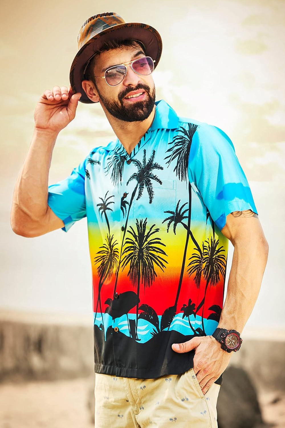 Dark Blue Hawaiian Shirt for Men: Scenic Beach & Coconut Tree Print, Casual Camp Cruise Vacation