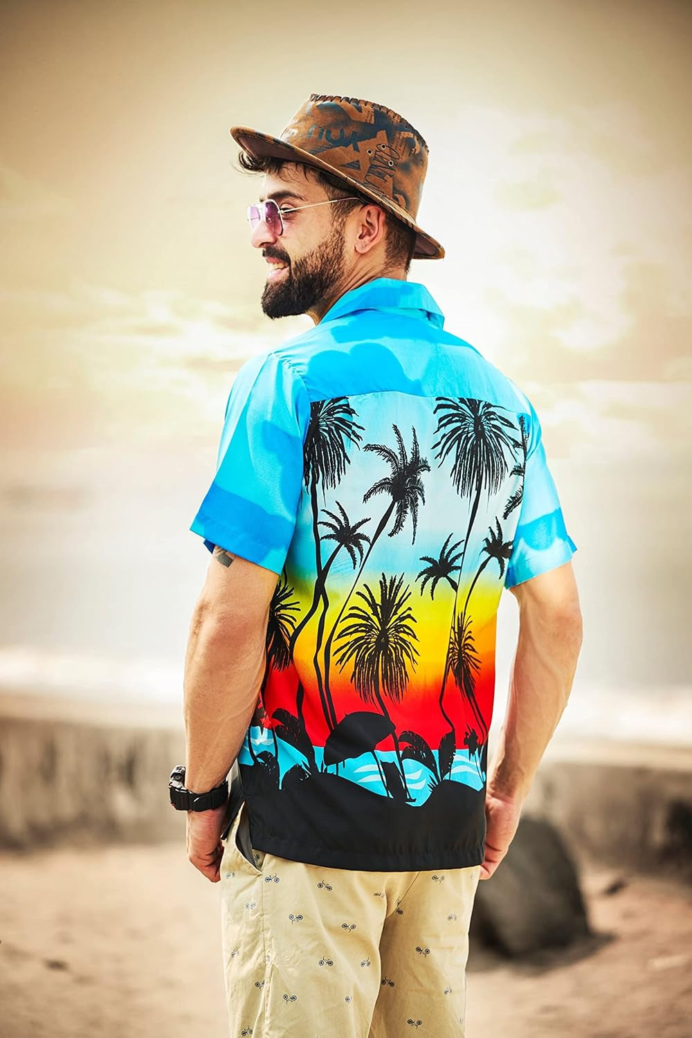 Dark Blue Hawaiian Shirt for Men: Scenic Beach & Coconut Tree Print, Casual Camp Cruise Vacation